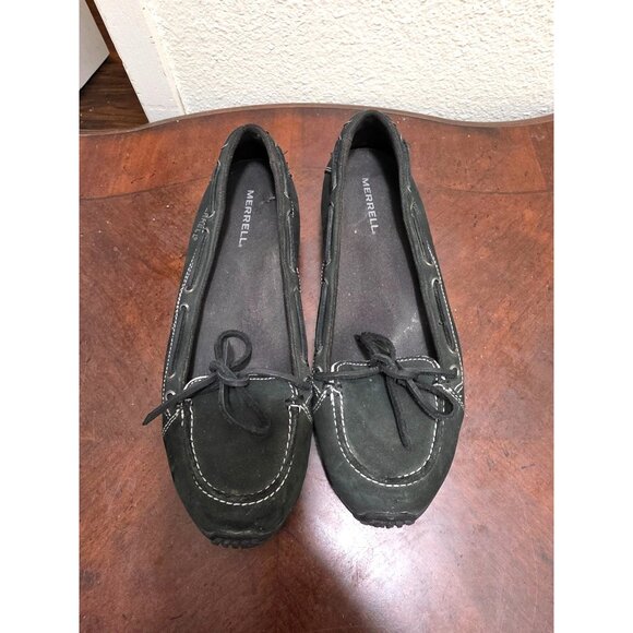 Merrell Women's Black Suede Moccasin Loafers Driving Shoes Size 7 Bow & Stitch D - Picture 2 of 12